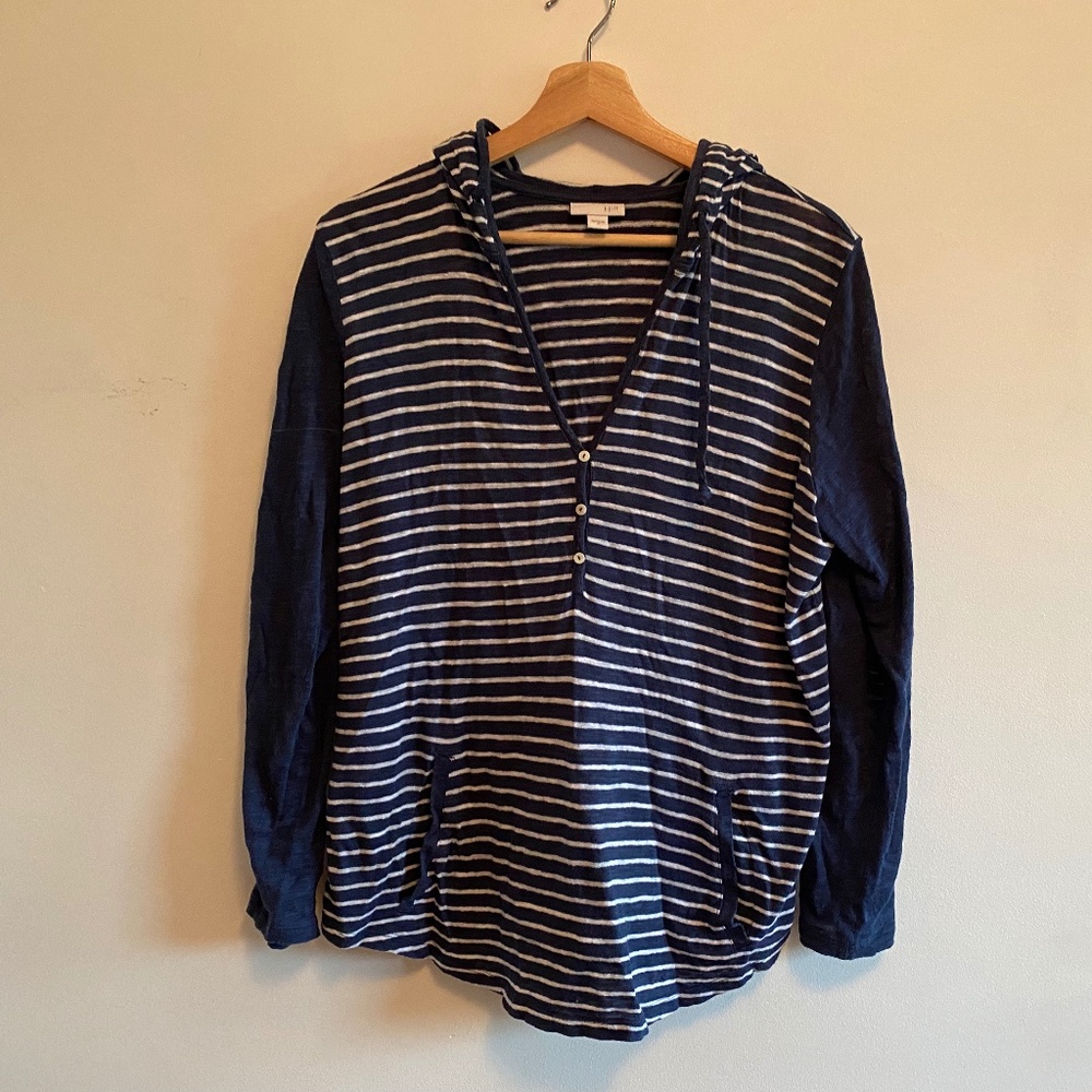 J Jill Hoodie Navy White Stripe Linen Cotton  SZ M